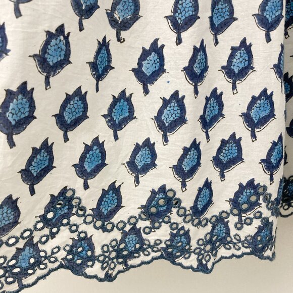 Saule Parc Milly Dress Size XS Blue Block Print Cotton Flutter Sleeves Eyelet - Picture 8 of 11